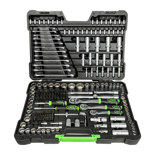 [JBM-54250] JUEGO DE MECANICO 12 PUNTAS DE 216 PZAS DE 1/2 3/8 Y 1/4 MM C/12 LLAVES COMBINADAS MM DADOS VARIOS CROMADO