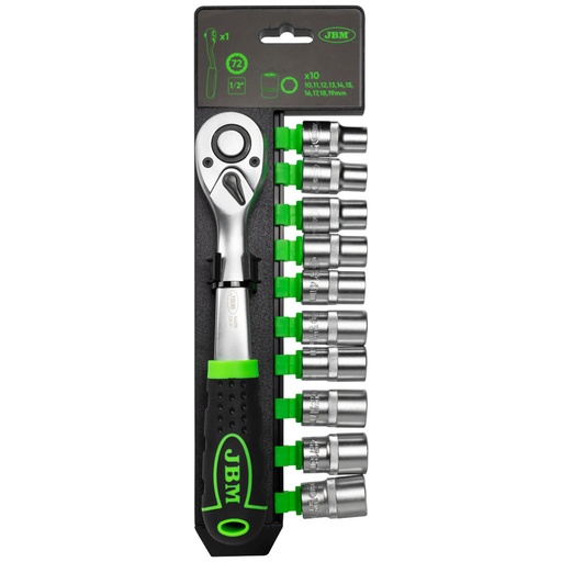 [JBM-54028] JUEGO DE MATRACA DE 1/2 DE 72 DIENTES CON DADOS MM DE 10 A 19 MM (11 PZAS)