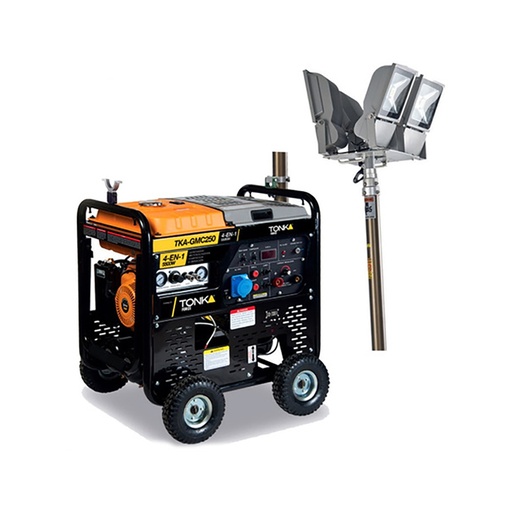 [TKA-GMC250] MOTOSOLDADORA 4 EN 1 GENERADOR, COMPRESOR Y TORRE DE ILUMINACION 50-200Amp, 5,500Wtts, 110-220V/60Hz, CON MARCHA, BATERIA Y LLANTAS