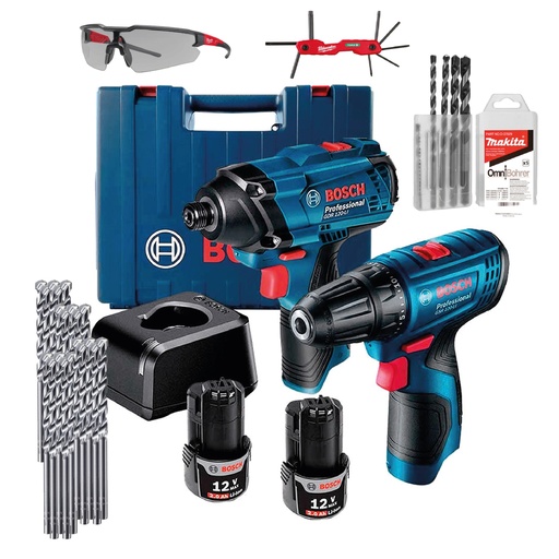[BOI-06019G81G3+C01] COMBO LLAVE DE IMP 12V+TAL/ATORN C/2 BAT+20 BROCAS CONCR 5/16X6+JGO BROC MULTI PRO+JGO LLAVES HEX+LENTES DE SEG