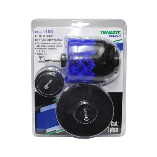 [AUS-1160] KIT DE CEPILLOS DE NYLON PARA LIMPIEZA C/VASTAGO PARA TALADRO (3 PZAS)