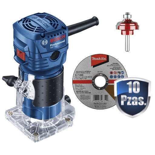 [BOI-06016A00G0+C01] COMBO RECORTADOR DE ENCHAPADOS DE 1/4 550 WATTS+10 DISCO DE CORTE 4 1/2+CUCHILLA P/ROUTER REDONDEADORA 1/4