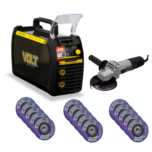 [VOL-210TBV-C5] COMBO SOLDADORA INVERSOR 200 A BIVOLTAJE 110-220+MINIESMERIALDORA 4 1/2 AXT+15 DISCOS LAMINADOS P/DESBASTE AXT
