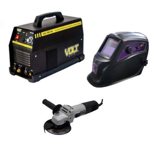 [VOL-TEC160-C1] COMBO SOLDADORA INV. 3 EN 1 160 A BIVOLTAJE (ELECT/TIG Y PLASMA)+MINIESMERILADORA 4 1/2 AXT+CARETA ELECT. 1004