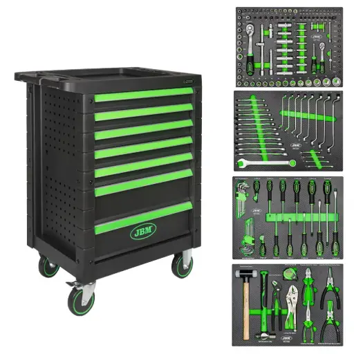 [JBM-53904-D] GABINETE MOVIL DE 7 GAVETAS C/172 PZAS DE 1/2 Y 1/4 LLAVES COMBINADAS MM DESTORNILLADORES Y LLAVES HEX. MARTILLOS Y PINZAS