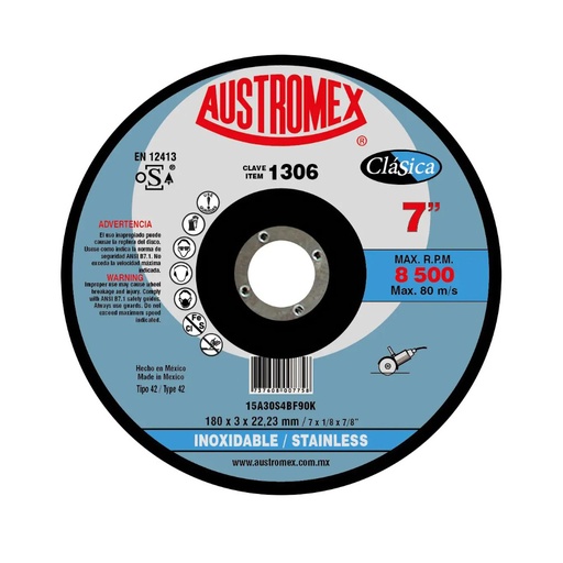 [AUS-1306] DISCO ABRASIVO PARA CORTE DE ACERO INOXIDABLE DE 180X3X 22.23MM