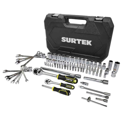 [SUR-JCM4S] JUEGO DE MECANICO DE 84 PZAS HERRAMIENTA CROMADA C/MATRACAS DE 1/2 Y 1/4 STD Y MM CON MALETIN PLASTICO