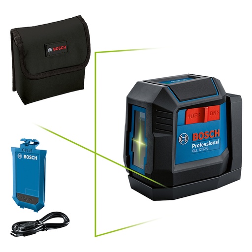[BOI-0601065321] NIVEL LASER LUZ VERDE VERTICAL/HORIZ DE 12 MTS+BATERIA 3.7 V RECARG+2 PILAS AA+ESTUCHE LONA