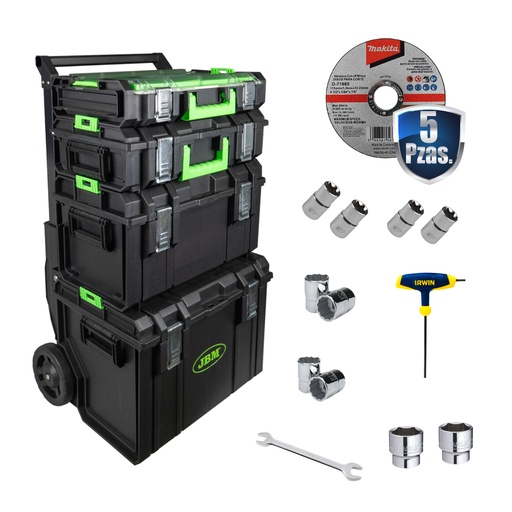 [JBM-54518+C01] COMBO DE 4 CAJAS C/SISTEMA MODULAR APILABLE Y CARRO DE TRANSPORTACION+5 DISCOS CORTE 4 1/2+12 ACCS. P/MECANICO