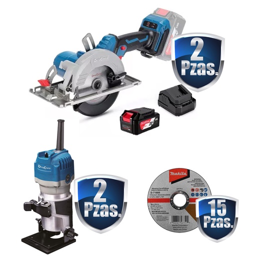 [DCH-DCMY125DM+C02] COMBO BF 2 SIERRAS CIRCULARES INAL 5 PLG. 20V, BAT. 4AMP, ESTUCHE+ 2 RECORTADORES DE ENCHAPADO 1/4 550 WATTS+15 DISCOS
