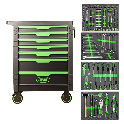 [JBM-54389] GABINETE MOV 7 GAVETAS 172 PZ DE 1/2 Y 1/4 LLAVES COMB MM,DESTOR Y LLAVES HEX MARTILLOS Y PINZAS C/JALADERAS TRAD.