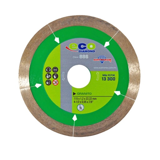 [AUS-886] DISCO DE DIAMANTE DE 4-1/2 X 1.2mm X 7/8 RIN CONTINUO VERDE ECODIAM (EL MAS ECONOMICO DE LA LINEA)