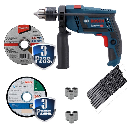 [BOI-0615A001YP+C01] COMBO ROTOMARTILLO 1/2 750W GSB 13RE+6 DISCOS 4 1/2 BOSCH Y MAKITA+MALETA P/HTA LONA DE USO RUDO+6 DADOS STANLEY