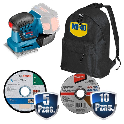 [BOI-06019D0200+C01] COMBO LIJADORA ORBITAL 18V S/BAT+CARGADOR RAPIDO BOSCH+5 DISCOS DE CORTE BOSCH+10 DISCOS DE CORTE MAKITA
