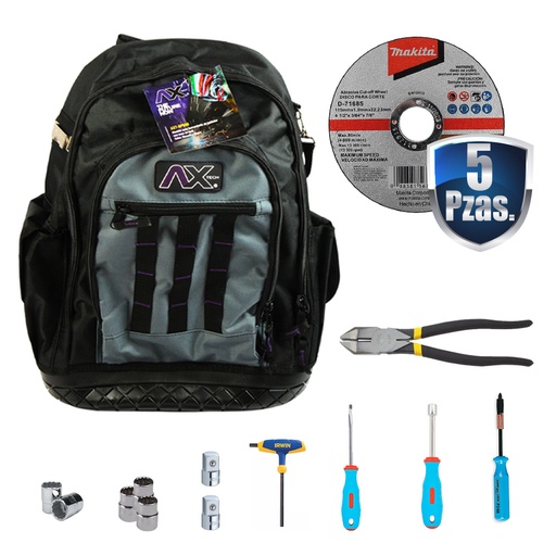 [AXT-BP500+C02] MOCHILA P/HTA POLIESTER C/BASE DE HULE USO RUDO+10 DISCOS MAKITA+PINZA ELEC 9+KIT DE ACCESORIOS DIVERSOS