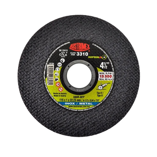 [AUS-3310] DISCO P/CORTE METAL SUPERDELGADO 4 1/2 X 1 MM X 7/8 AC. INOX. INDUSTRIAL CALIDAD IMPERIAL DISCO PLANO