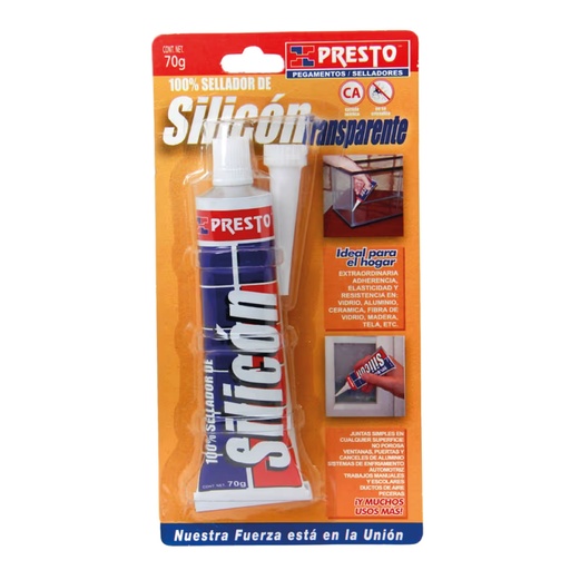 [PRE-4007] SILICON TRANSPARENTE PRESTO 100 % TUBO DE 070 GRS.