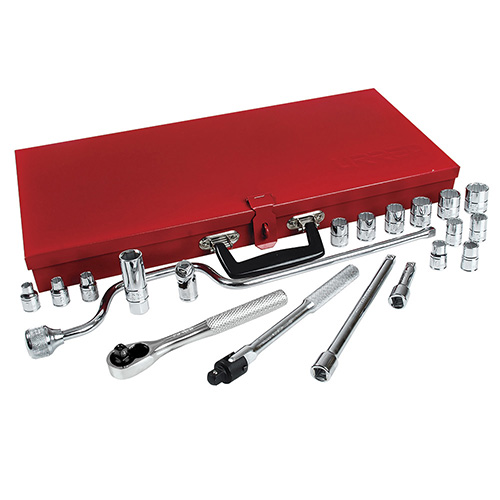 [URR-5200M] JUEGO DE 20 DADOS METRICOS 12 PUNTAS C/ACCESORIOS CUADRO 3/8 EN CAJA METALICA.