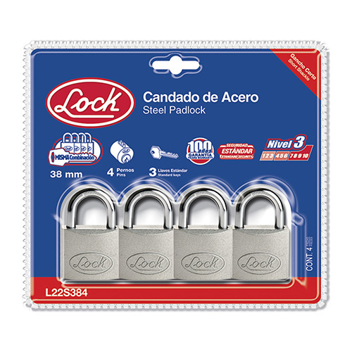 [LOC-L22S384] CANDADO ACERO STD CORTO 4 PZAS. 38MM AC