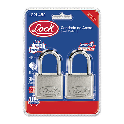[LOC-L22L452] CANDADO ACERO STD LARGO 2 PZAS. 45MM AC