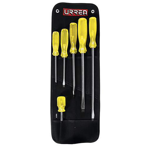 [URR-9600B] JUEGO DE 6 DESTORNILLADORES AMBAR PUNTA PLANA EN ESTUCHE