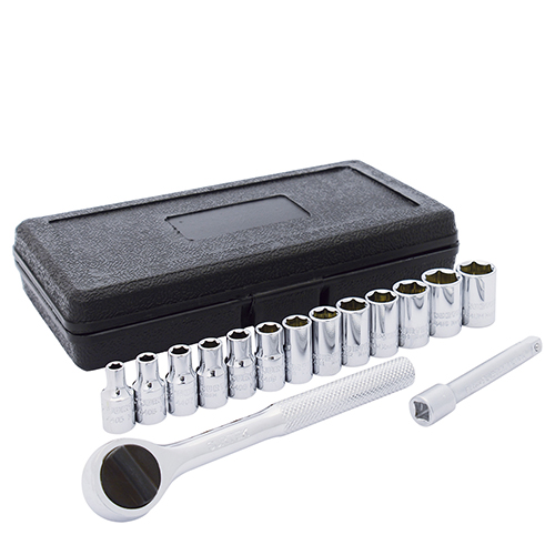 [SUR-F4400] JUEGO DE DADOS Y ACCESORIOS STD DE 1/4 C/15 PZAS. EN ESTUCHE DE PLASTICO