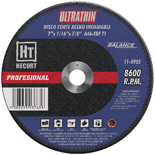[HEC-110905] DISCO DE CORTE INOXIDABLE 7X1/16X7/8 ECONO BALANCE A46T-BFT1