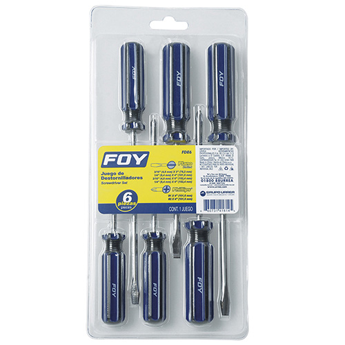 [FOY-FDE6] JUEGO DE DESTORNILLADORES CON MANGO DE PVC COMBINADOS, 6 PIEZAS EN BLÍSTER
