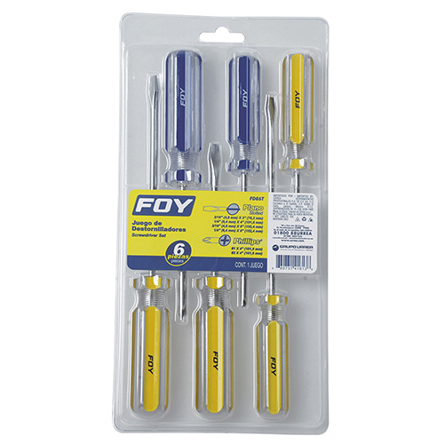 [FOY-FDE6T] JUEGO DE DESTORNILLADORES CON MANGO DE PVC COMBINADOS, 6 PIEZAS EN BLÍSTER