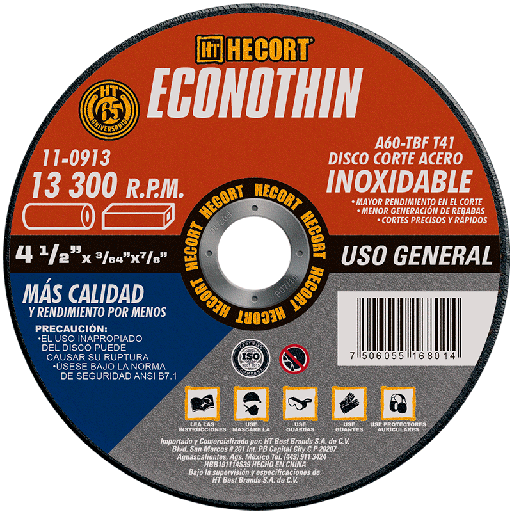 [HEC-110913] DISCO PARA CORTE INOXIDABLE 4 1/2 X 3/64 X 7/8 ECOTHIN 