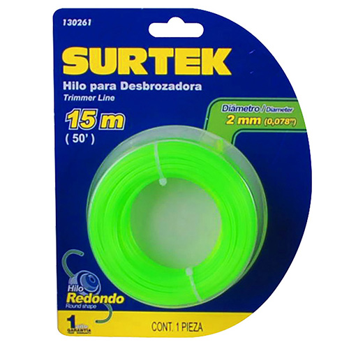 [SUR-130261] HILO DE NYLON PARA DESBROZADORA ELECTRICA Y GASOLINA DE 15 MTS X 2 MM COLOR VERDE