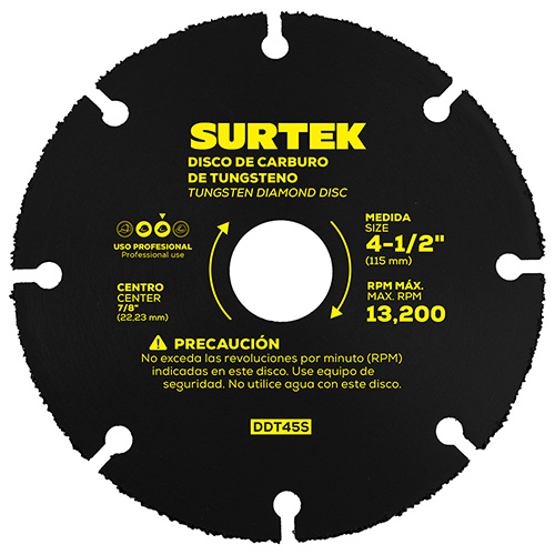 [SUR-DDT45S] DISCO DE DIAMANTE MULTI-CORTE PUNTA DE CARBURO DE TUNGSTENO, 4-1/2"