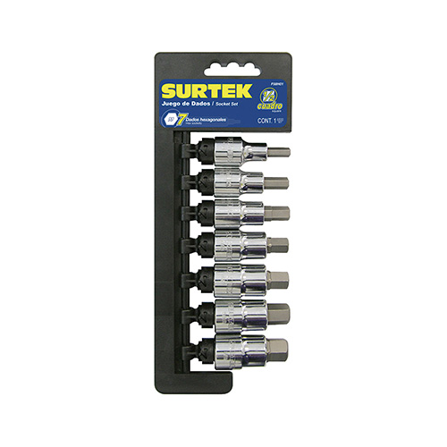 [SUR-F58H01] JUEGO DE 7 DADOS CON PUNTA HEXAGONAL EN PULGADAS CUADRO DE 1/2", 6 PUNTAS