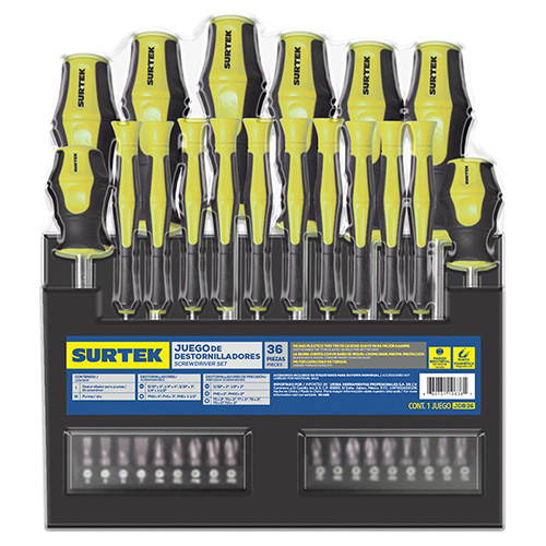 [SUR-JDB36] JUEGO DE DESTORNILLADORES CON MANGO BIMATERIAL EN RACK COMBINADOS, 36 PIEZAS