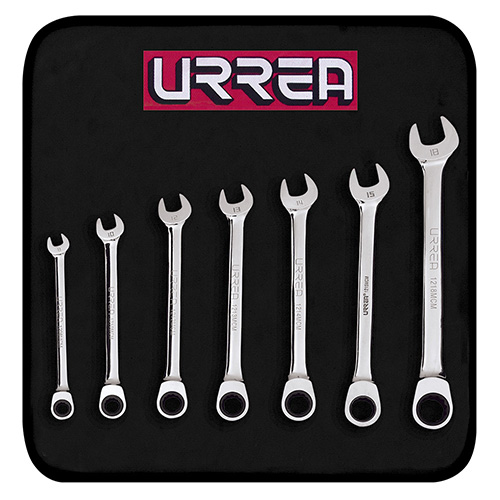 [URR-1200MCM] JUEGO DE 7 LLAVES COMBINADAS PULIDO ESPEJO DE MATRACA METRICAS, 12 PUNTAS