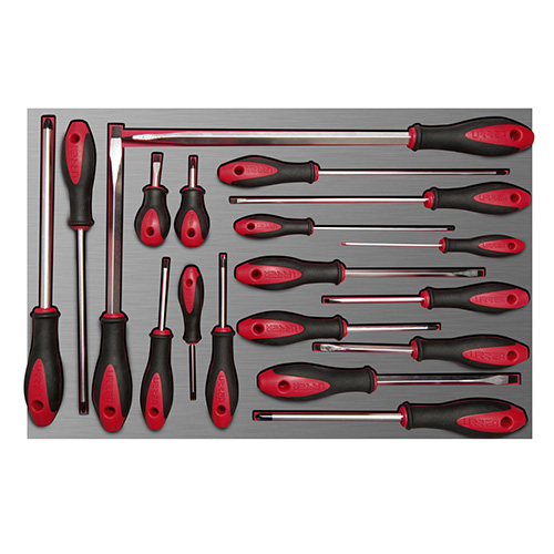 [URR-CH307L] JUEGO DE DESTORNILLADORES MANGO BIMATERIAL VARIAS PUNTAS BANDEJA LAMINADA, 19 PIEZAS